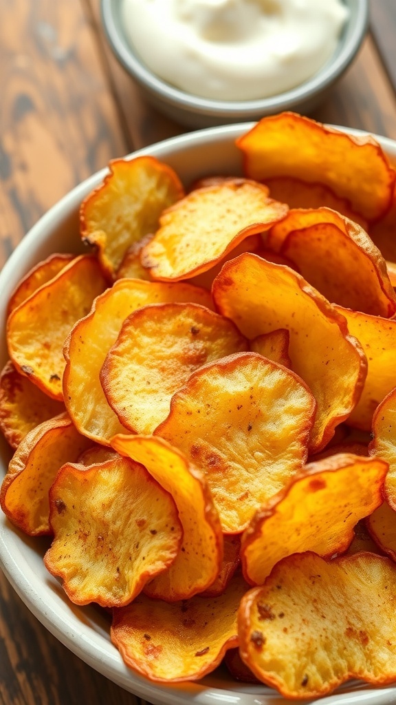 Homemade Potato Chips Recipe A bowl of crispy homemade potato chips with a side of dip on a rustic wooden table.